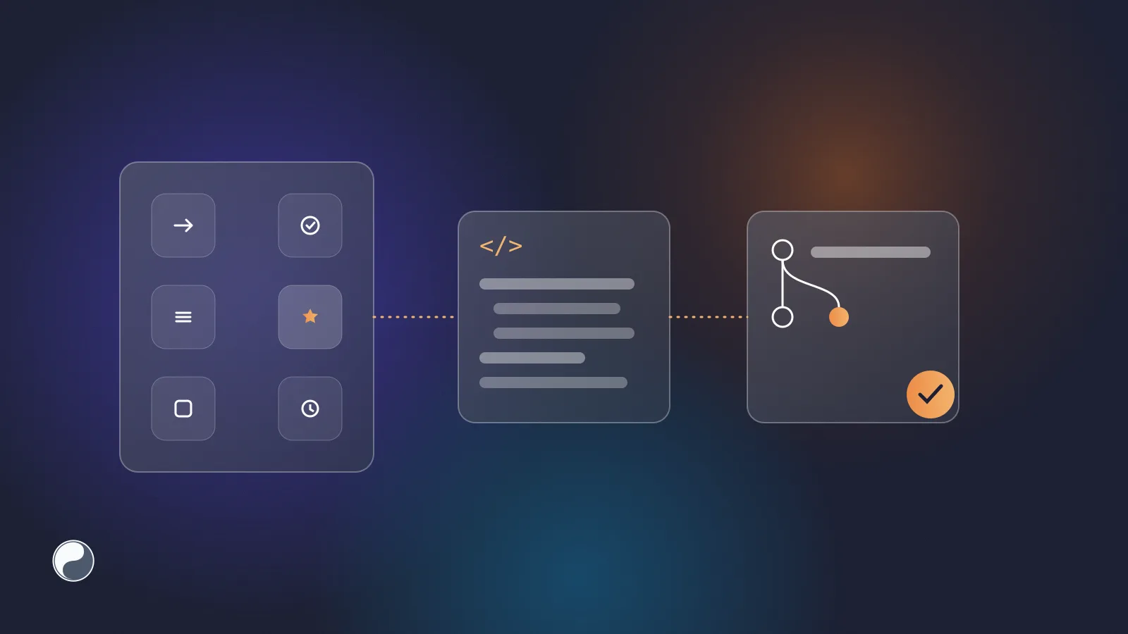 A grid of icon tiles on a Figma-like canvas flowing into a code file card and a pull request card with a check mark